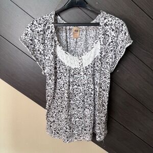 Faded Glory Women's Y2K Peasant Blouse Large Brown White Floral Eyelet Boho Top